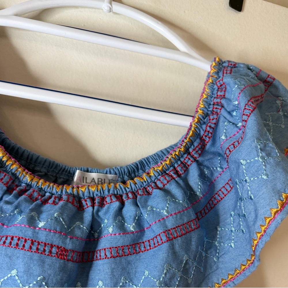 Available Blue Embroidered Chambray Boho Tunic Dress Size Large - Picture 5 of 9